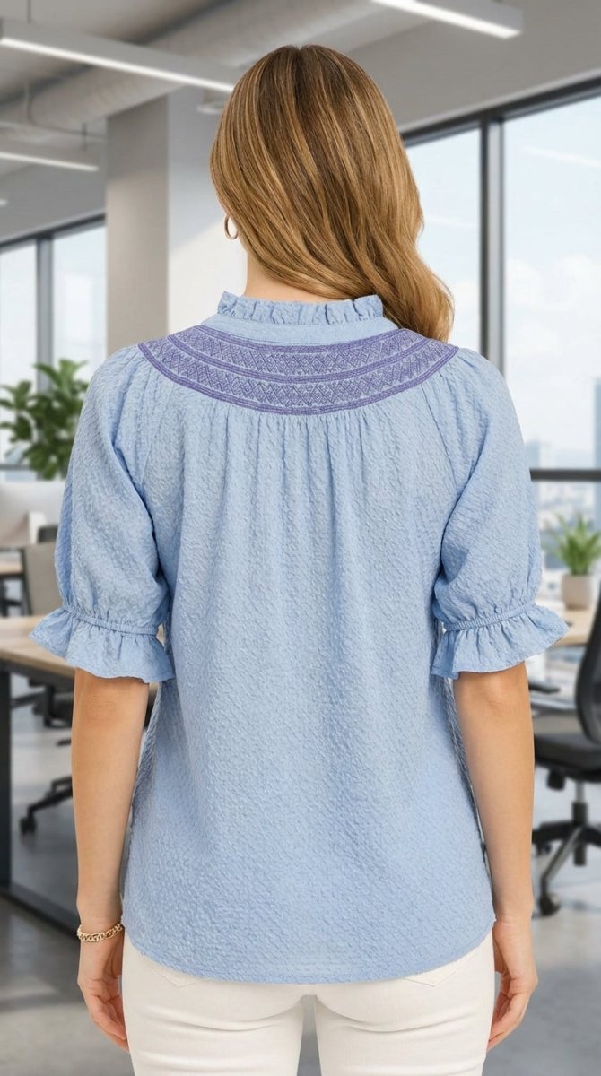 Blue Henley Blouse - Textured Ruffle Cuff Long Sleeve Women's Top