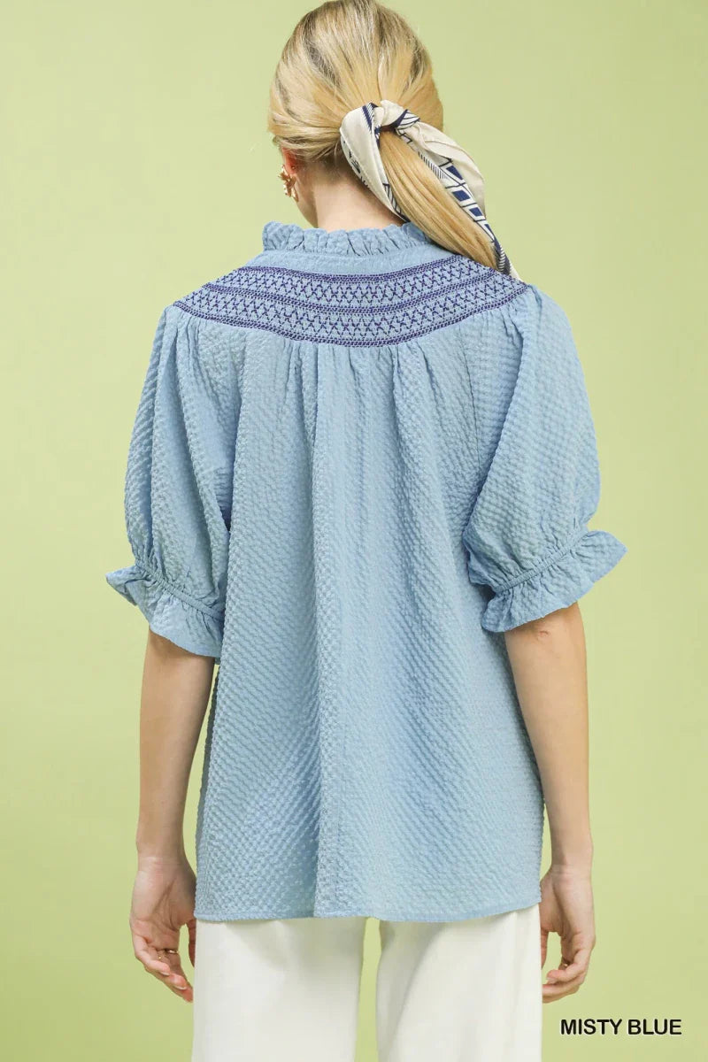 Blue Henley Blouse - Textured Ruffle Cuff Long Sleeve Women's Top