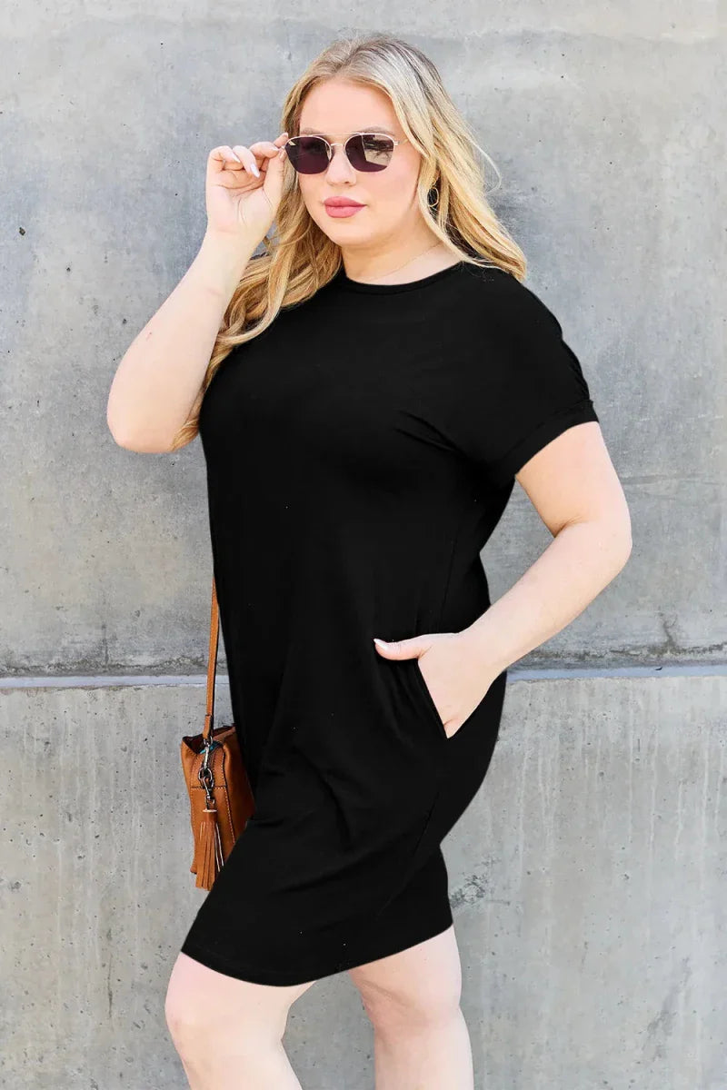 Black Bamboo Mini Dress - Round Neck Short Sleeve with Pockets Women's Casual