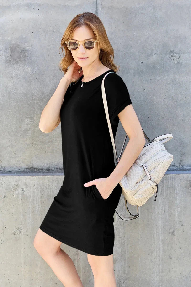 Black Bamboo Mini Dress - Round Neck Short Sleeve with Pockets Women's Casual