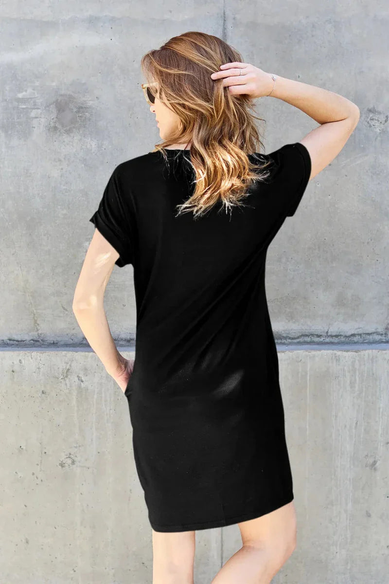 Black Bamboo Mini Dress - Round Neck Short Sleeve with Pockets Women's Casual