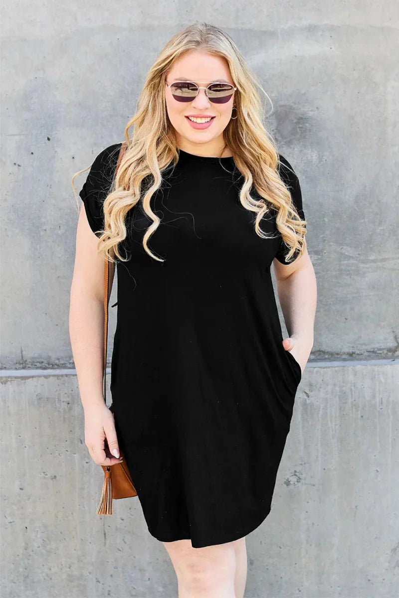 Black Bamboo Mini Dress - Round Neck Short Sleeve with Pockets Women's Casual