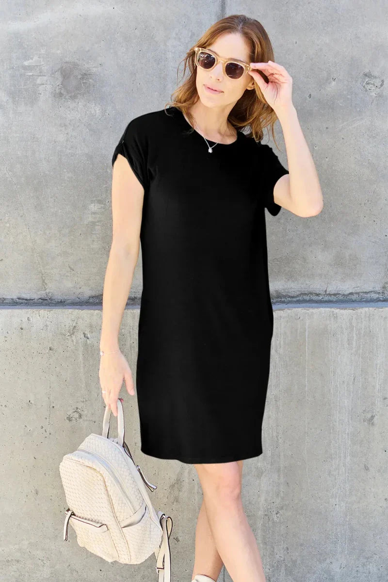 Black Bamboo Mini Dress - Round Neck Short Sleeve with Pockets Women's Casual