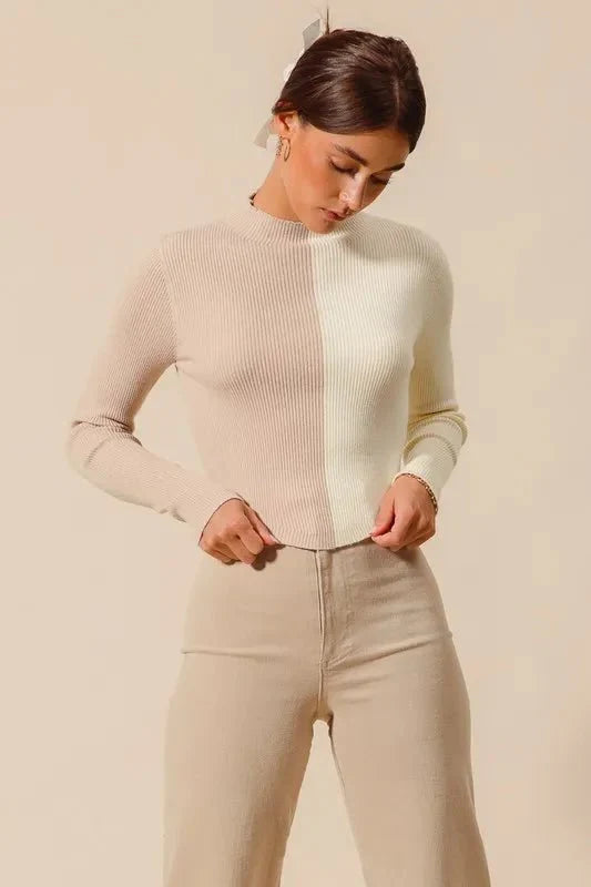 Womens Beige Ribbed Color Block Fitted Crop Sweater