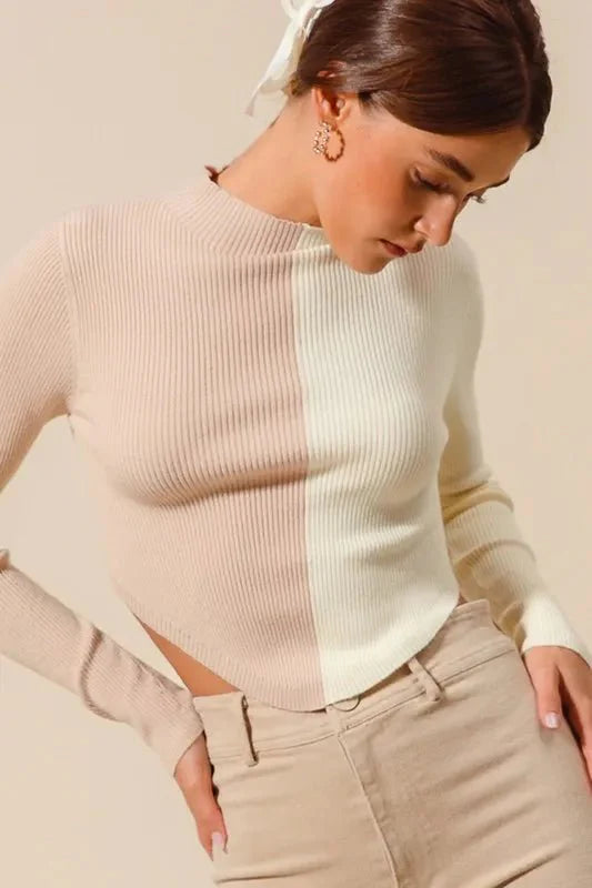Womens Beige Ribbed Color Block Fitted Crop Sweater