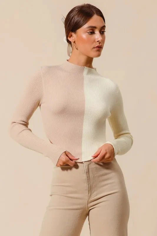 Womens Beige Ribbed Color Block Fitted Crop Sweater