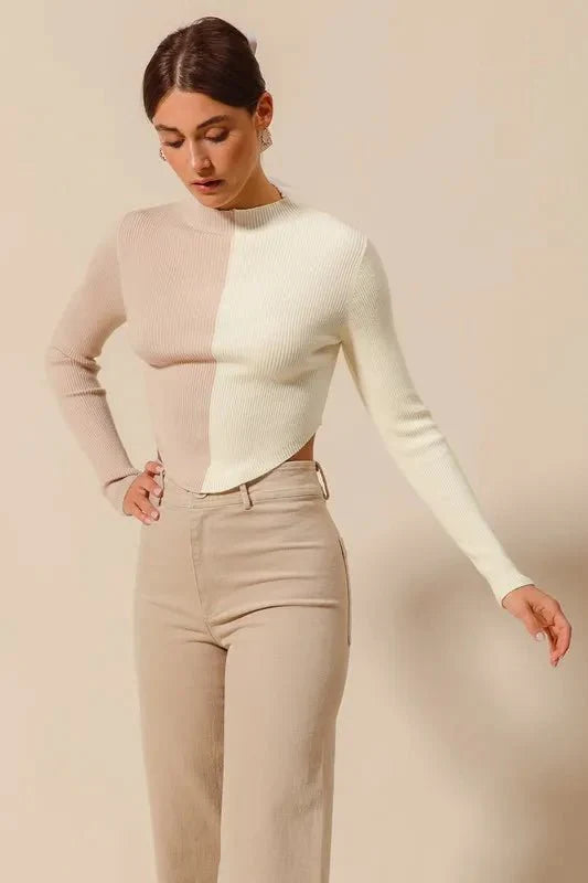 Womens Beige Ribbed Color Block Fitted Crop Sweater