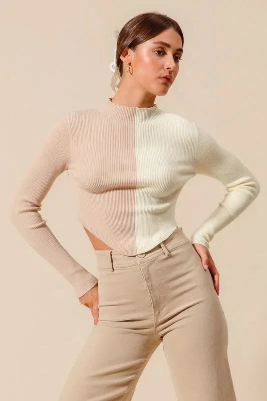 Womens Beige Ribbed Color Block Fitted Crop Sweater
