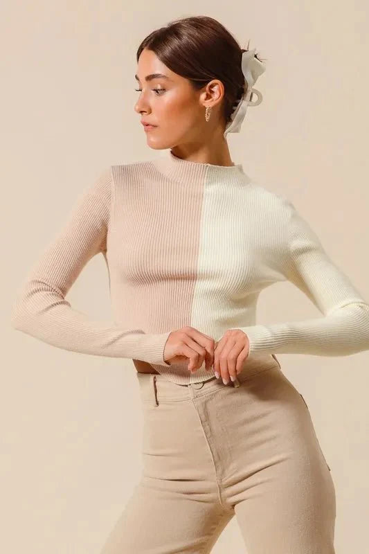 Womens Beige Ribbed Color Block Fitted Crop Sweater