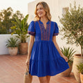 Women's Blue Floral Puff Sleeve Mini Dress with Ruffle Hem