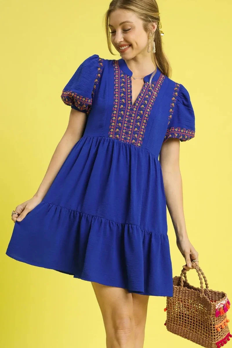 Women's Blue Floral Puff Sleeve Mini Dress with Ruffle Hem