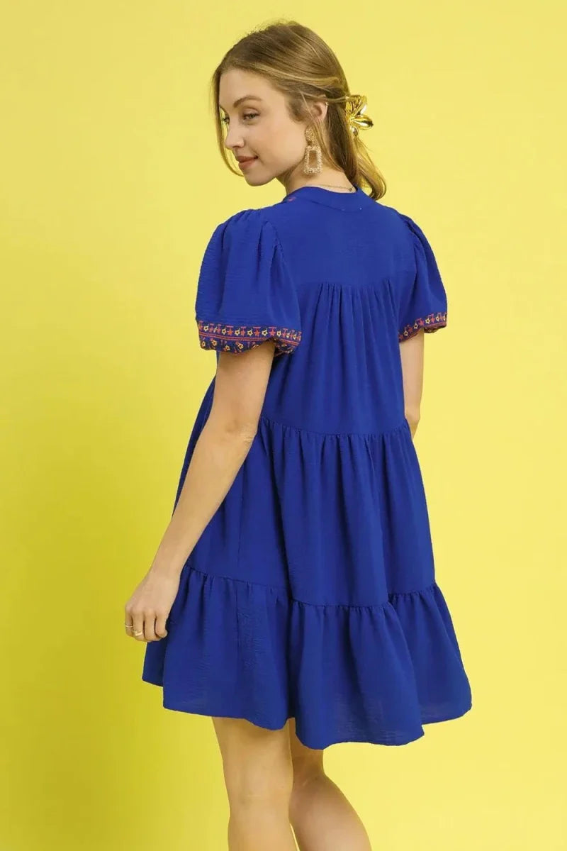 Women's Blue Floral Puff Sleeve Mini Dress with Ruffle Hem