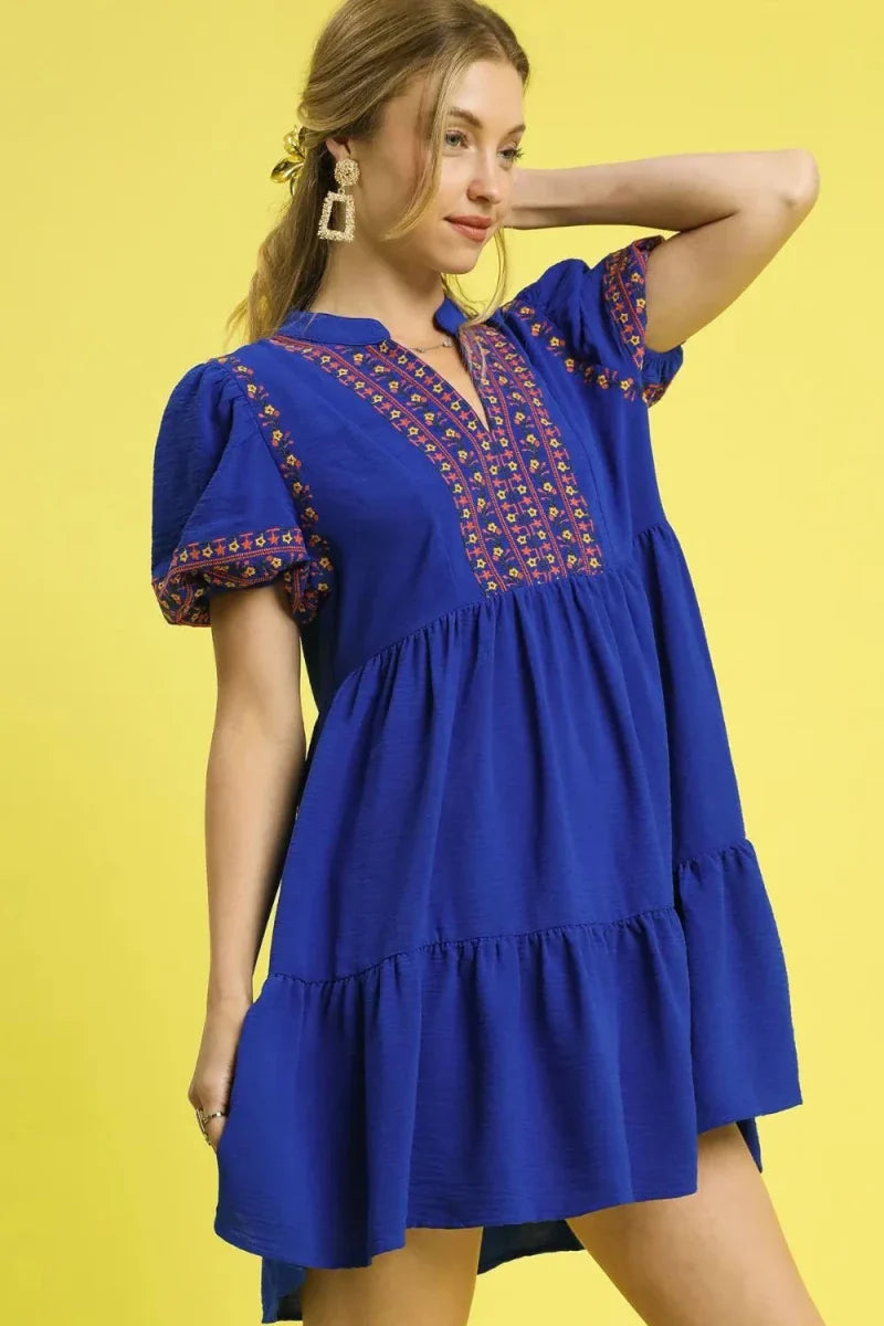 Women's Blue Floral Puff Sleeve Mini Dress with Ruffle Hem