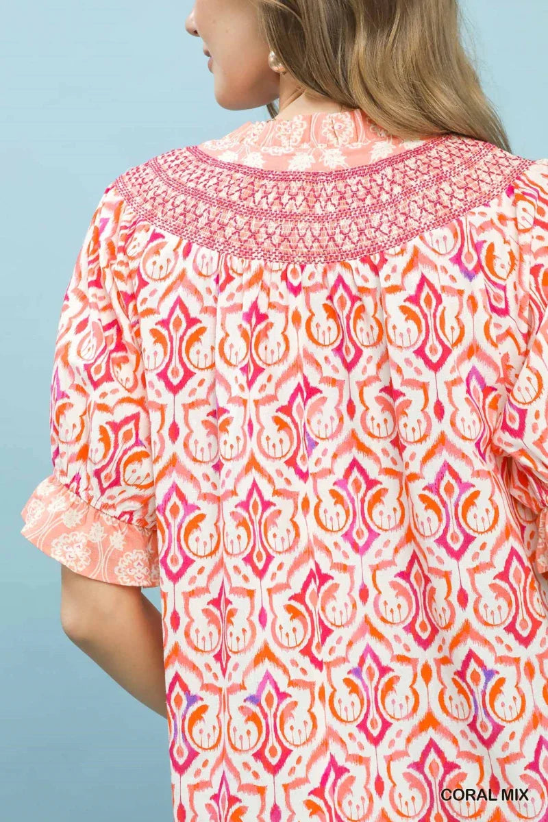 Women's Boho Puff Sleeve Smocked Blouse with Contrast Trim