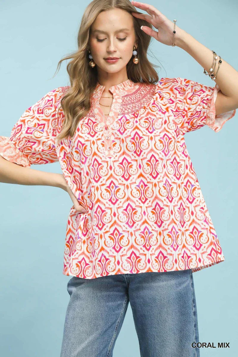 Women's Boho Puff Sleeve Smocked Blouse with Contrast Trim