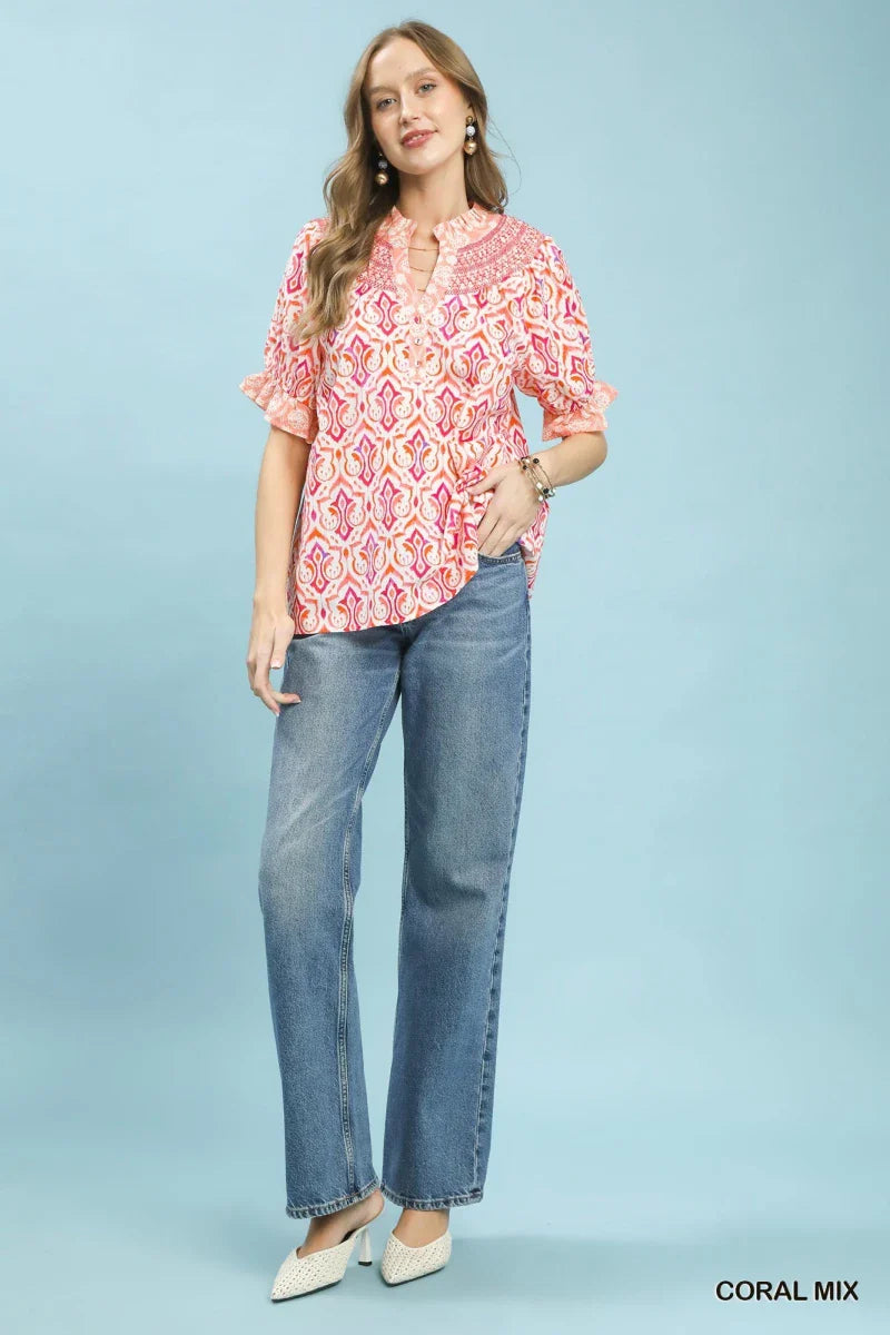 Women's Boho Puff Sleeve Smocked Blouse with Contrast Trim