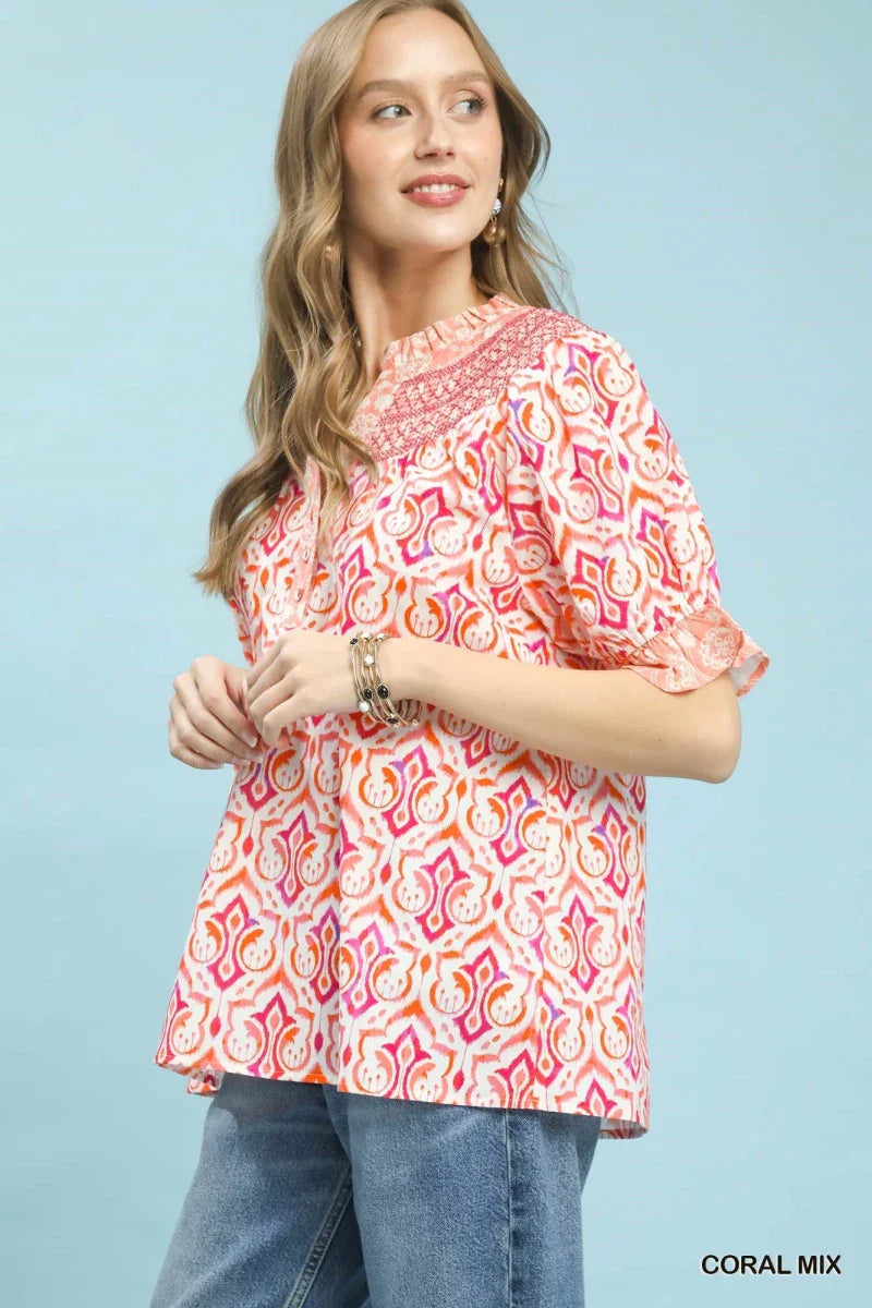Women's Boho Puff Sleeve Smocked Blouse with Contrast Trim