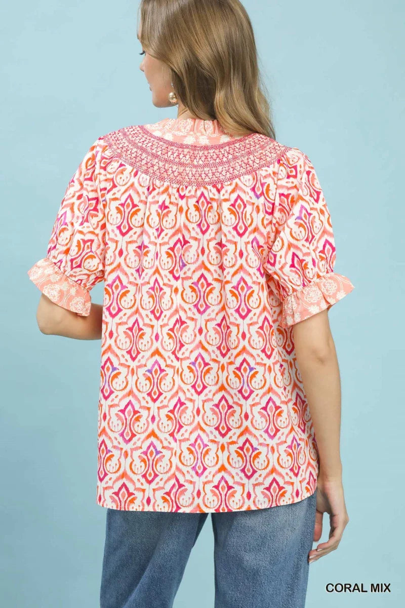 Women's Boho Puff Sleeve Smocked Blouse with Contrast Trim