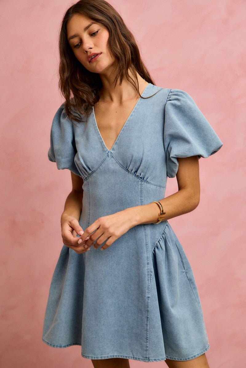 Women's Bubble Sleeve Denim Fit and Flare Mini Dress