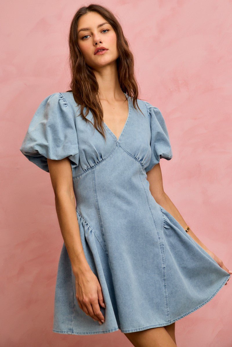 Women's Bubble Sleeve Denim Fit and Flare Mini Dress