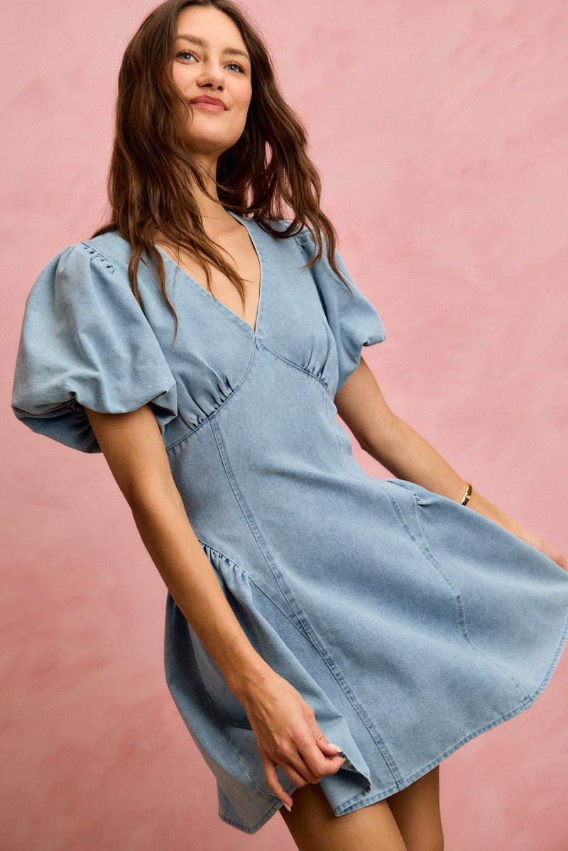 Women's Bubble Sleeve Denim Fit and Flare Mini Dress