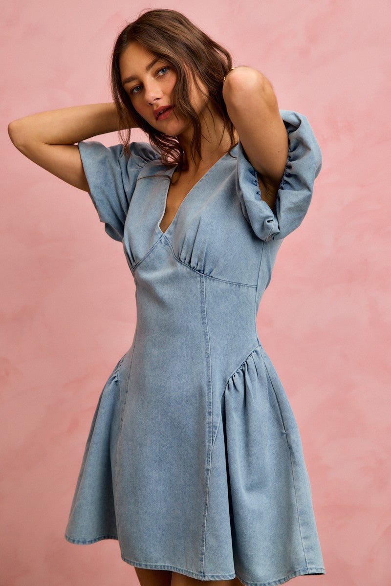 Women's Bubble Sleeve Denim Fit and Flare Mini Dress