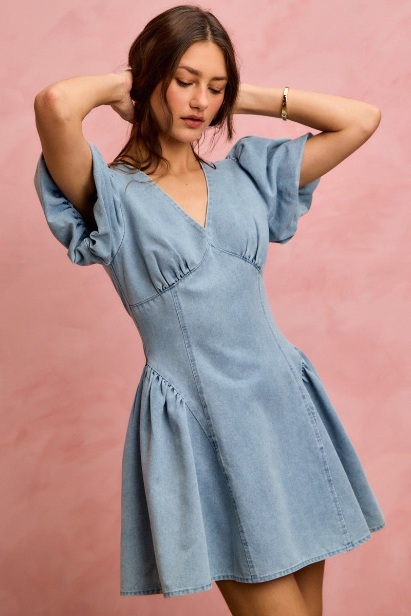 Women's Bubble Sleeve Denim Fit and Flare Mini Dress