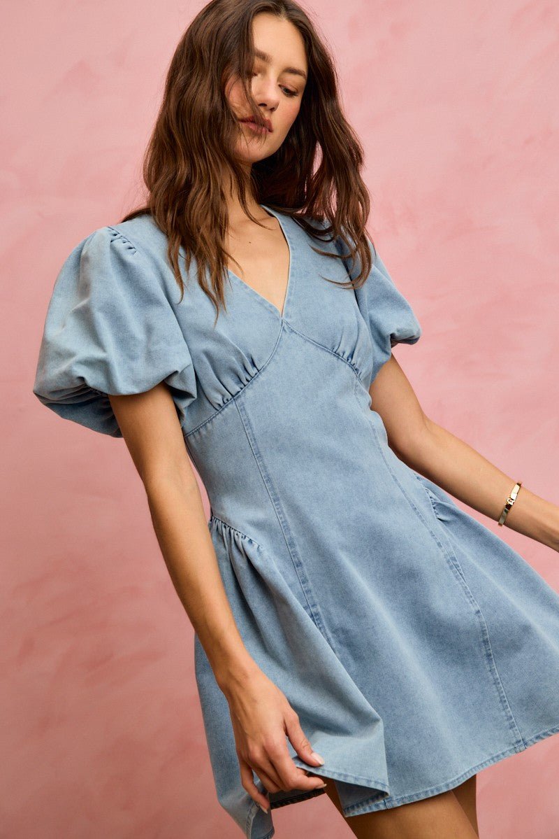 Women's Bubble Sleeve Denim Fit and Flare Mini Dress