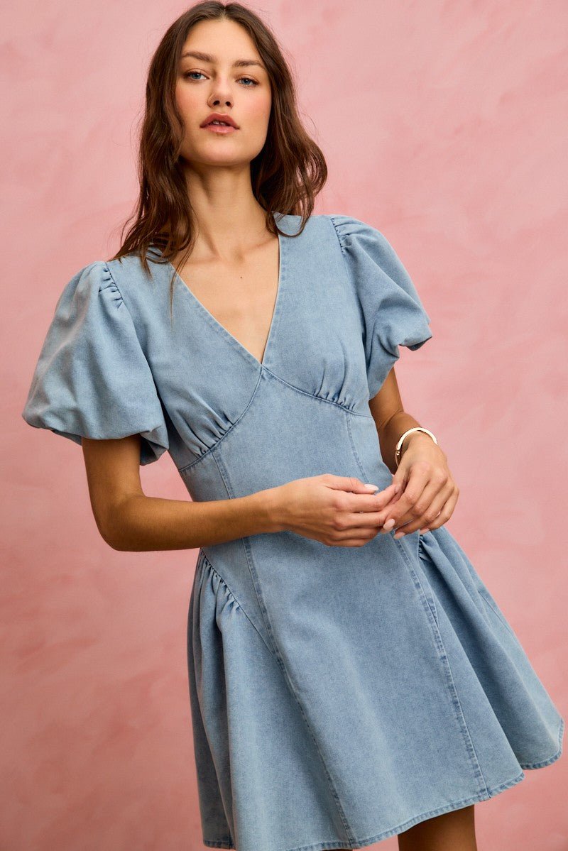 Women's Bubble Sleeve Denim Fit and Flare Mini Dress