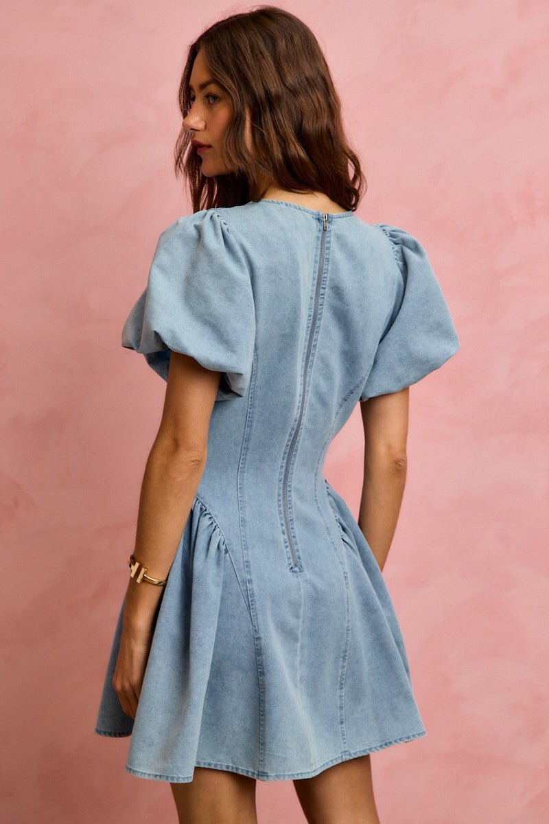 Women's Bubble Sleeve Denim Fit and Flare Mini Dress