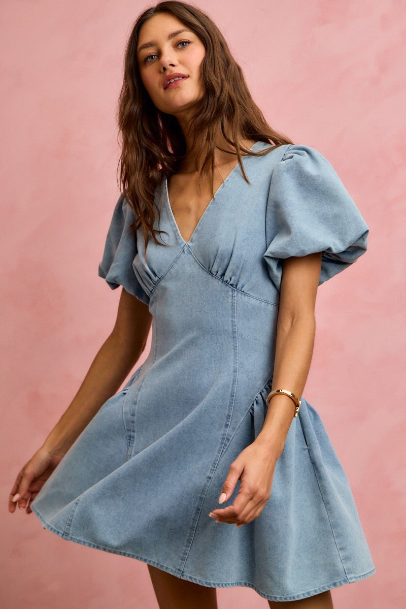 Women's Bubble Sleeve Denim Fit and Flare Mini Dress