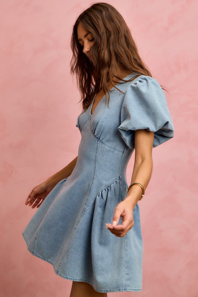 Women's Bubble Sleeve Denim Fit and Flare Mini Dress