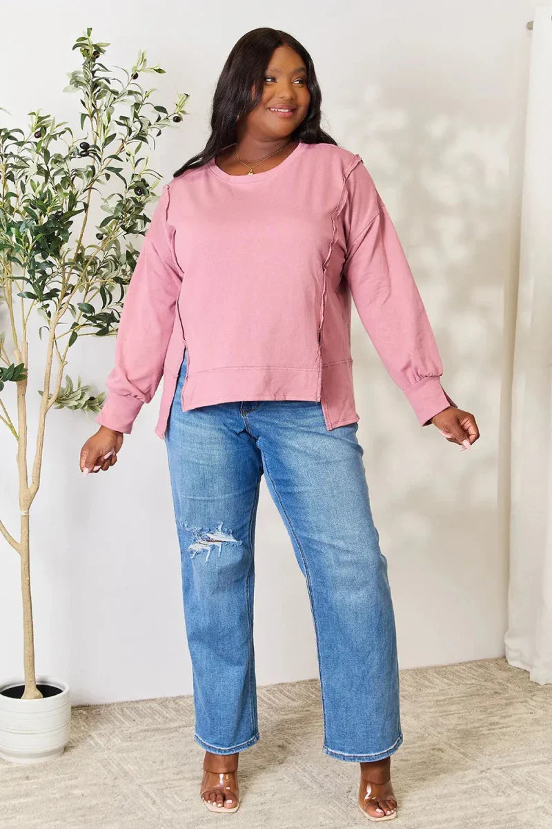 Women's Casual Loose Fit Round Neck Blouse with Exposed Seam
