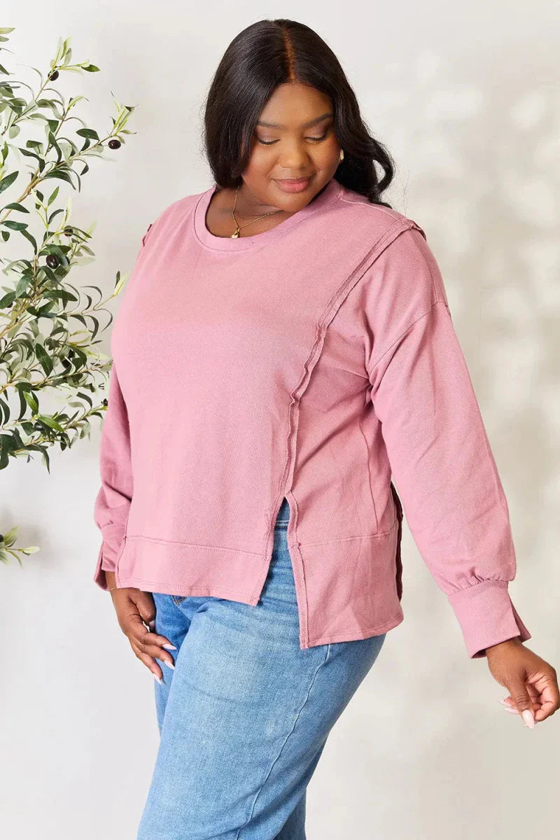 Women's Casual Loose Fit Round Neck Blouse with Exposed Seam