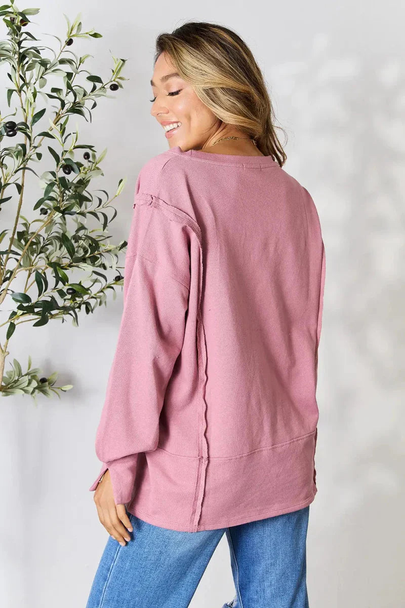 Women's Casual Loose Fit Round Neck Blouse with Exposed Seam