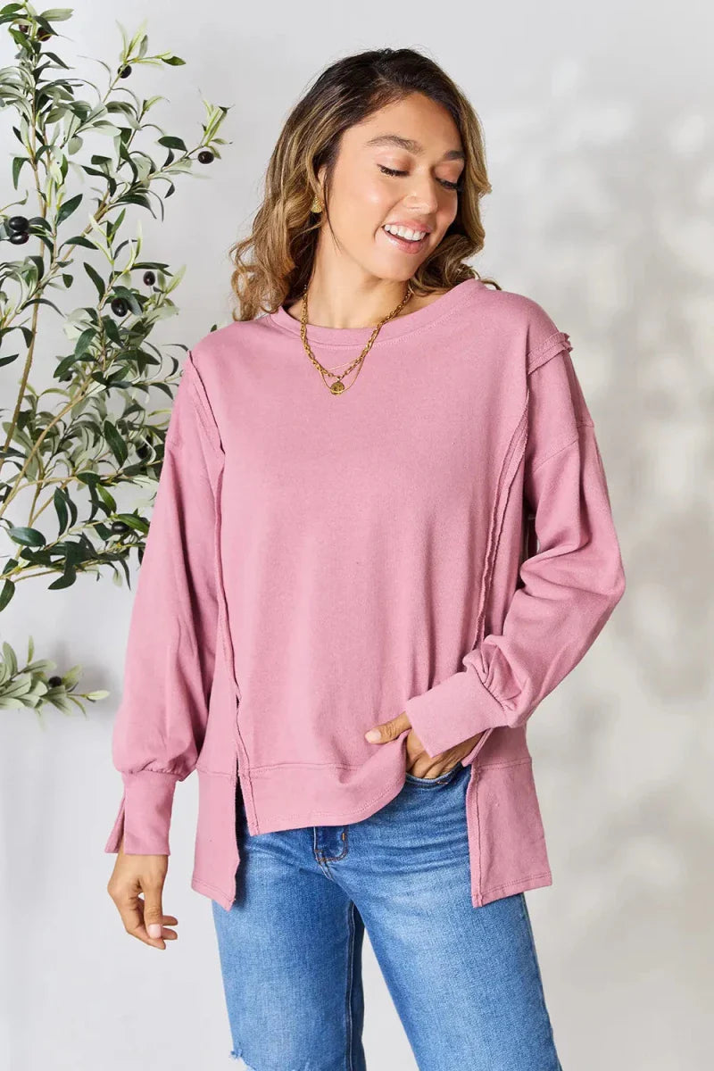 Women's Casual Loose Fit Round Neck Blouse with Exposed Seam