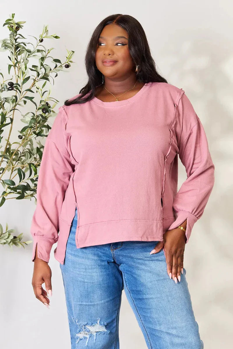 Women's Casual Loose Fit Round Neck Blouse with Exposed Seam