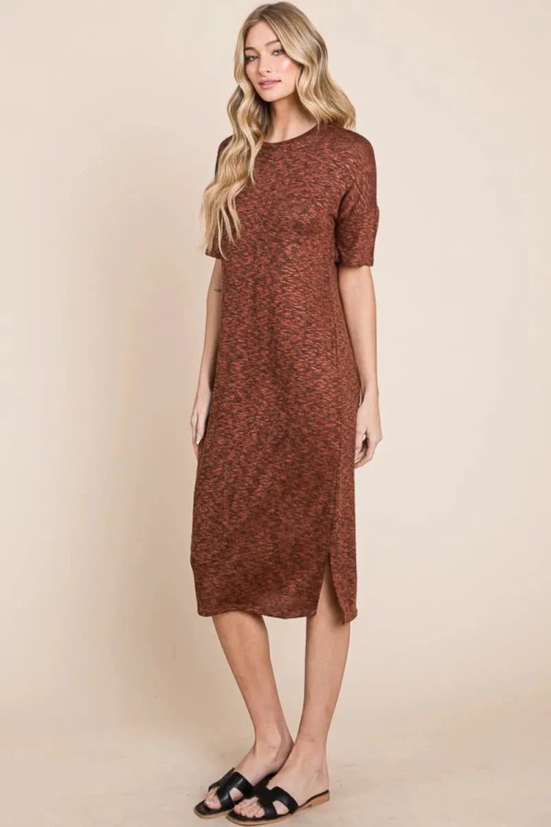 Rust Round Neck Sleeveless Midi Dress - Side Slit Bodycon Women's Casual