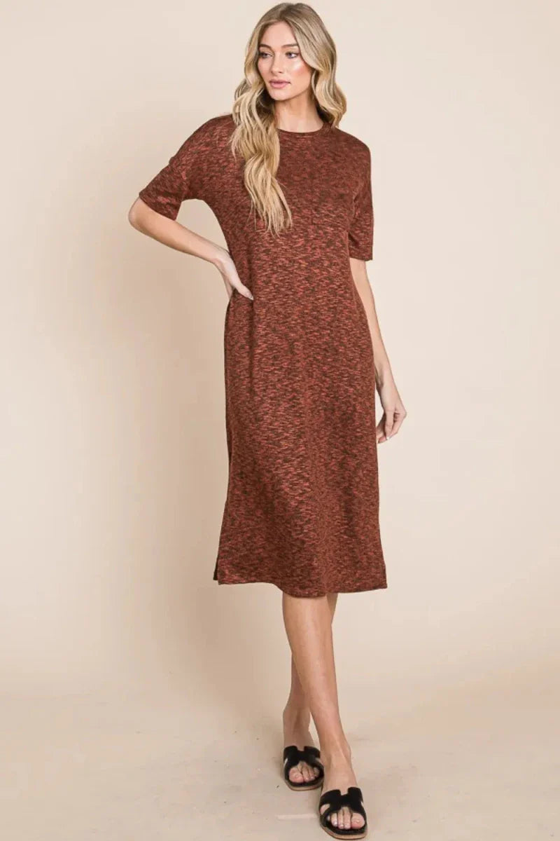 Rust Round Neck Sleeveless Midi Dress - Side Slit Bodycon Women's Casual
