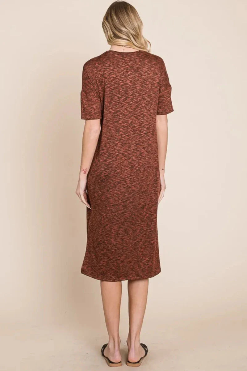 Rust Round Neck Sleeveless Midi Dress - Side Slit Bodycon Women's Casual