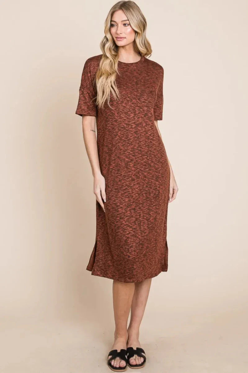 Rust Round Neck Sleeveless Midi Dress - Side Slit Bodycon Women's Casual