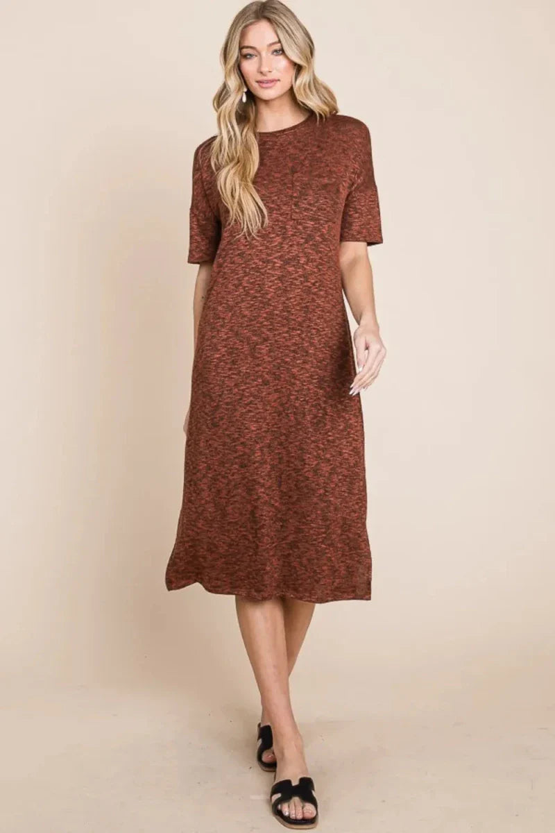 Rust Round Neck Sleeveless Midi Dress - Side Slit Bodycon Women's Casual