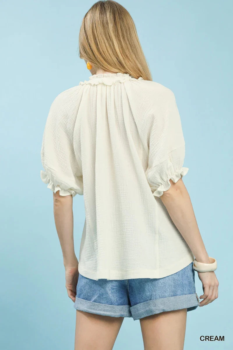 Women's Cotton Ruffle V-Neck Blouse with Lace Trim