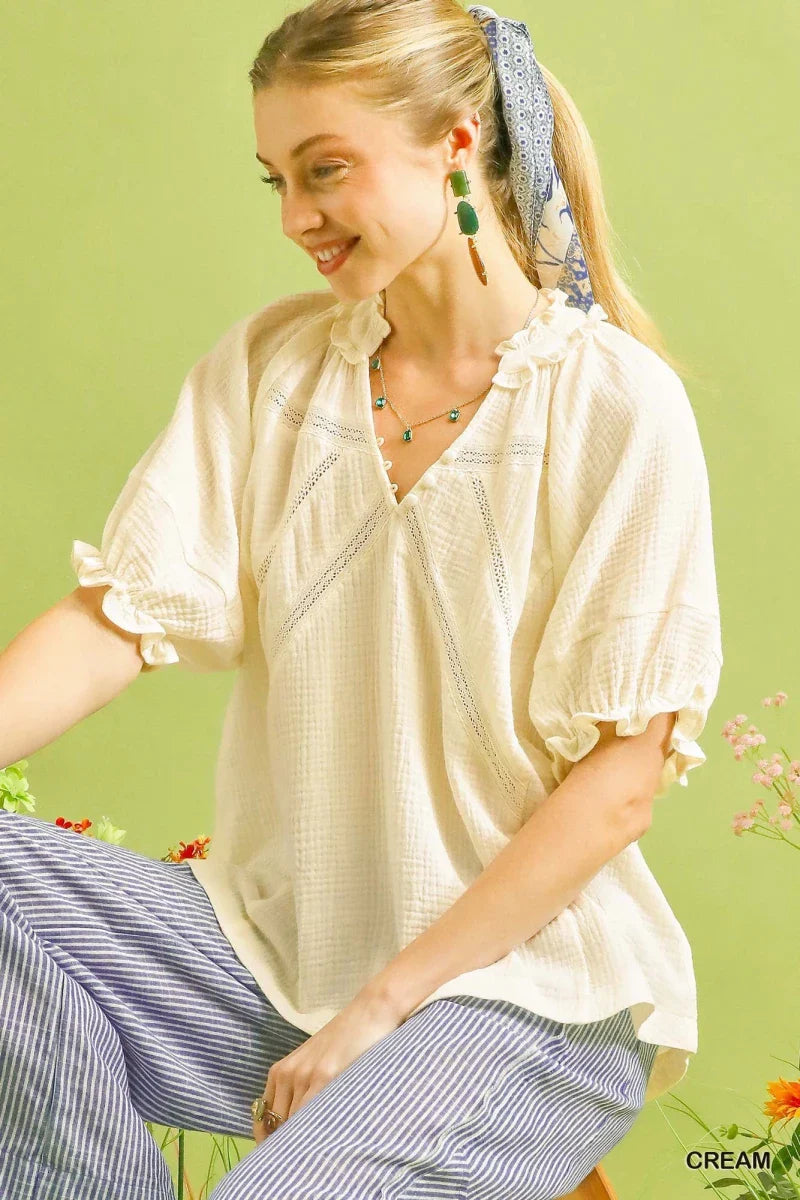 Women's Cotton Ruffle V-Neck Blouse with Lace Trim