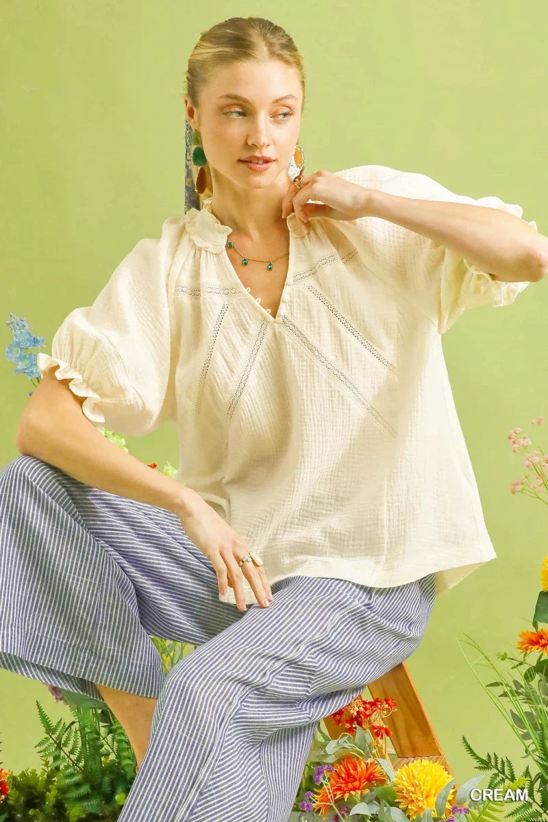 Women's Cotton Ruffle V-Neck Blouse with Lace Trim