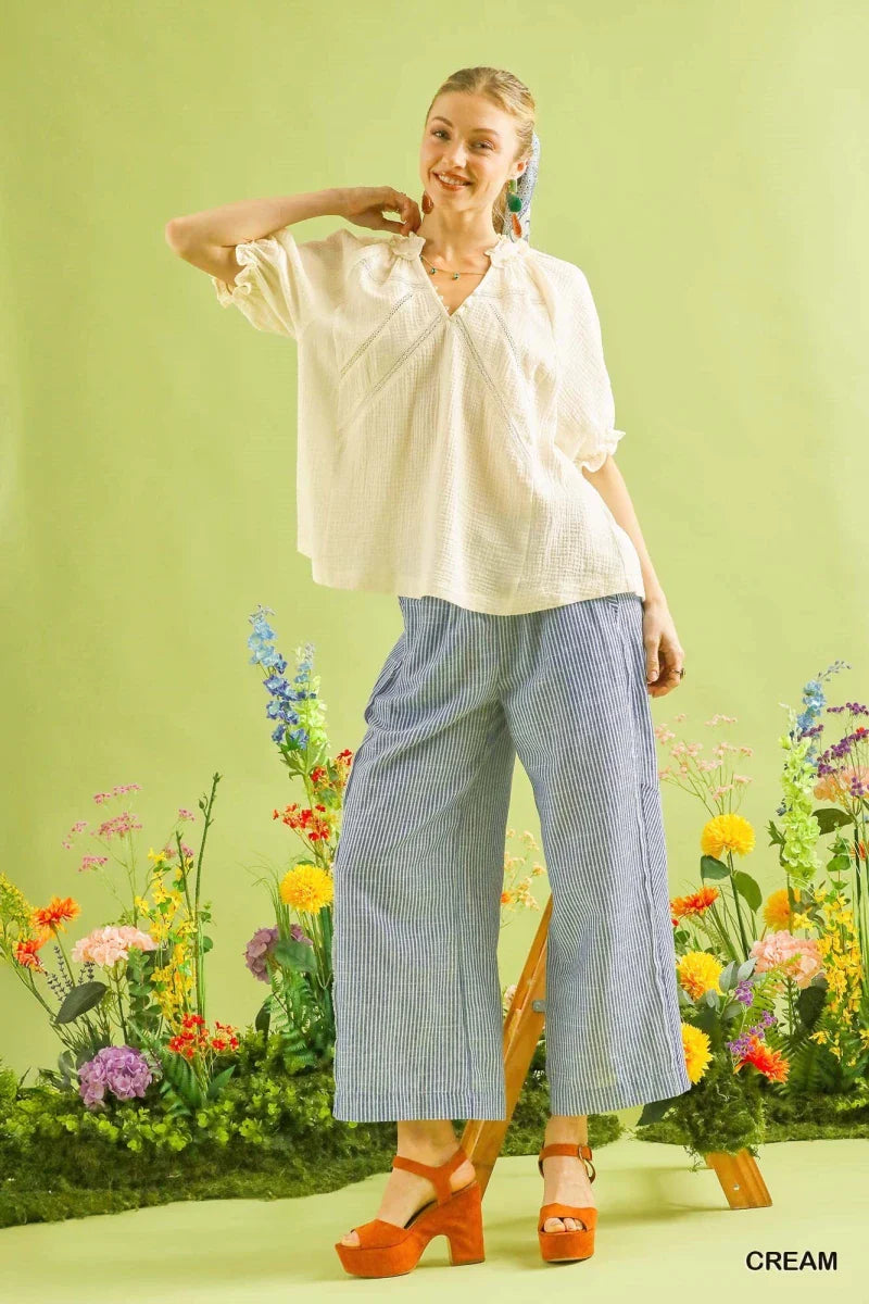 Women's Cotton Ruffle V-Neck Blouse with Lace Trim