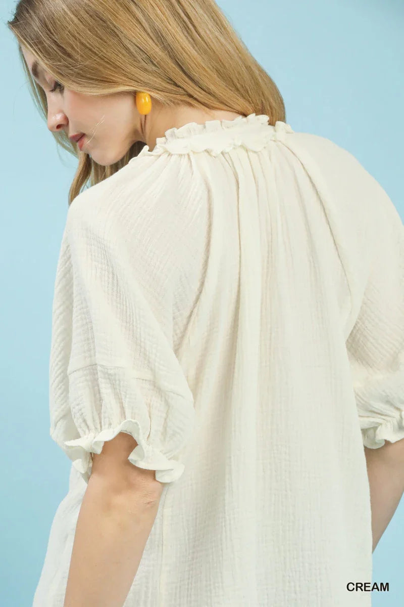 Women's Cotton Ruffle V-Neck Blouse with Lace Trim