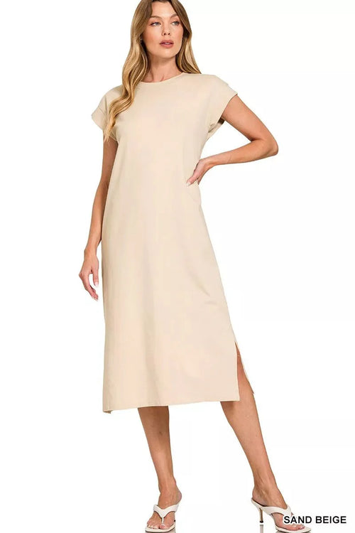 Womens Elegant Round Neck Side Slit Midi Dress