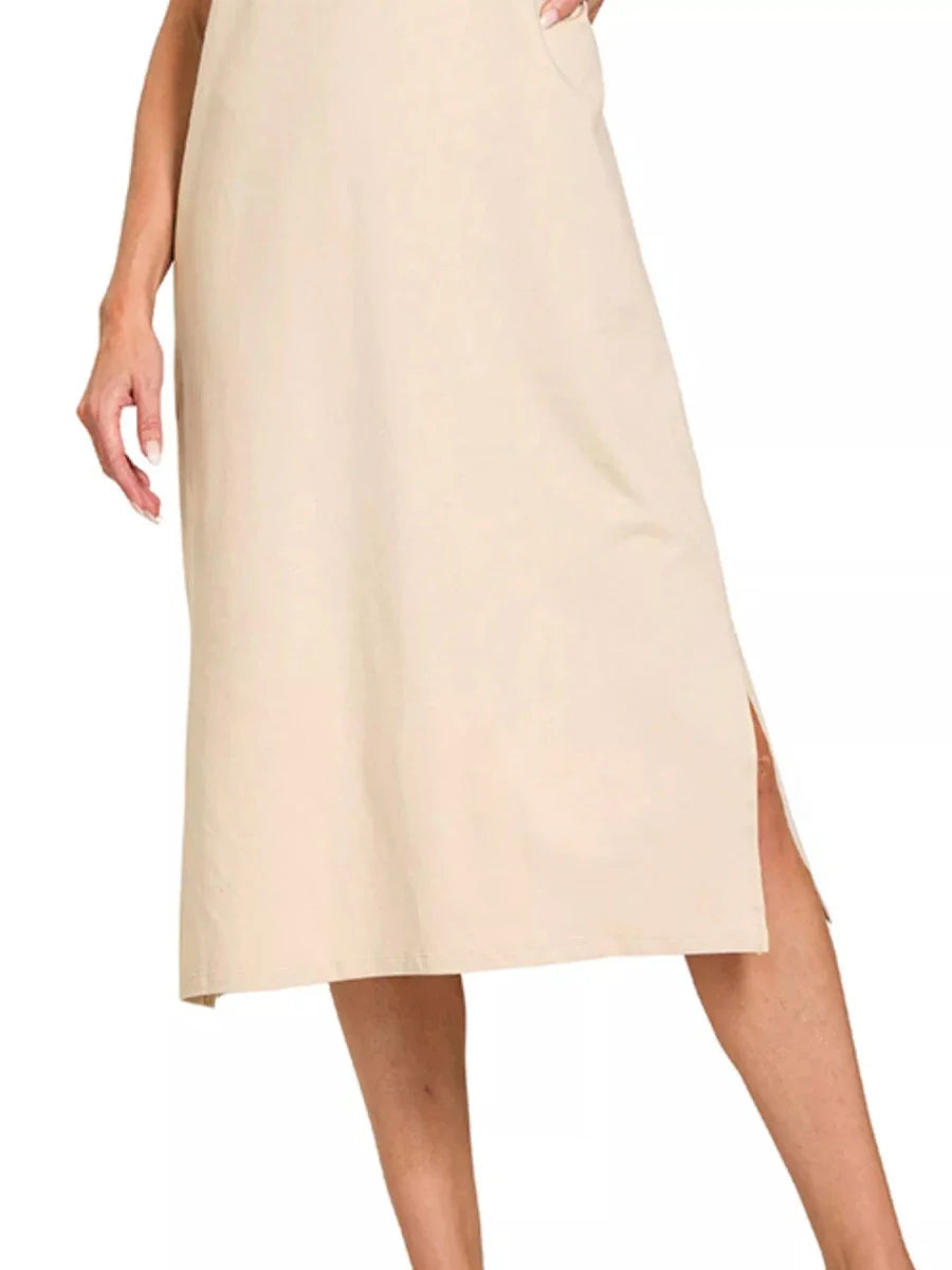 Womens Elegant Round Neck Side Slit Midi Dress