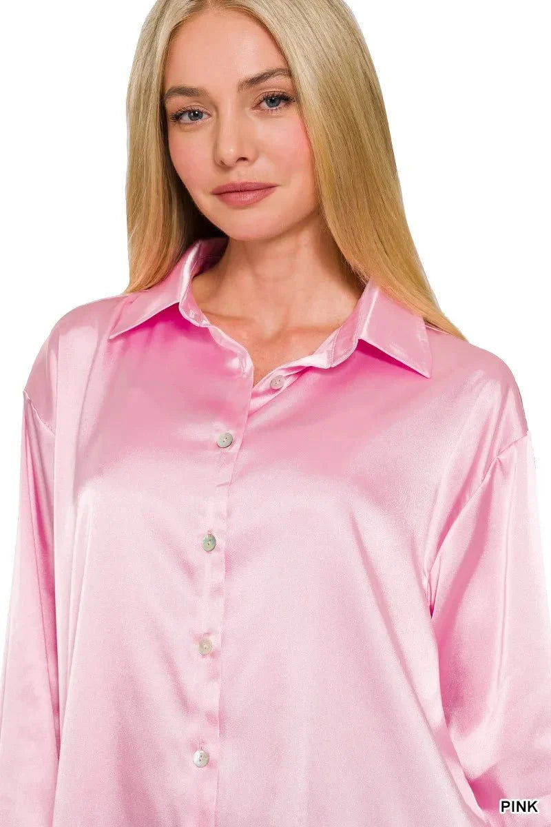 Womens Elegant Satin Button Down Long Sleeve Blouse